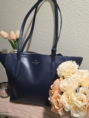 kate spade navy leather tote with double shoulder straps